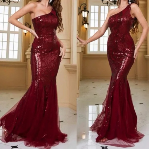 Luxurious sequins one shoulder mesh evening party formal gown dress - Picture 2 of 13